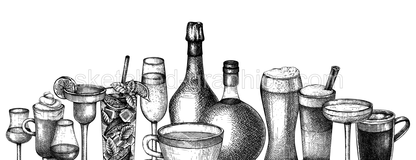 Hand-sketched drinks background. Vector banner with popular beverages in elegant glasses. Popular drinks vintage hand-drawings. Bar or restaurant menu template in sketched style. Illustration